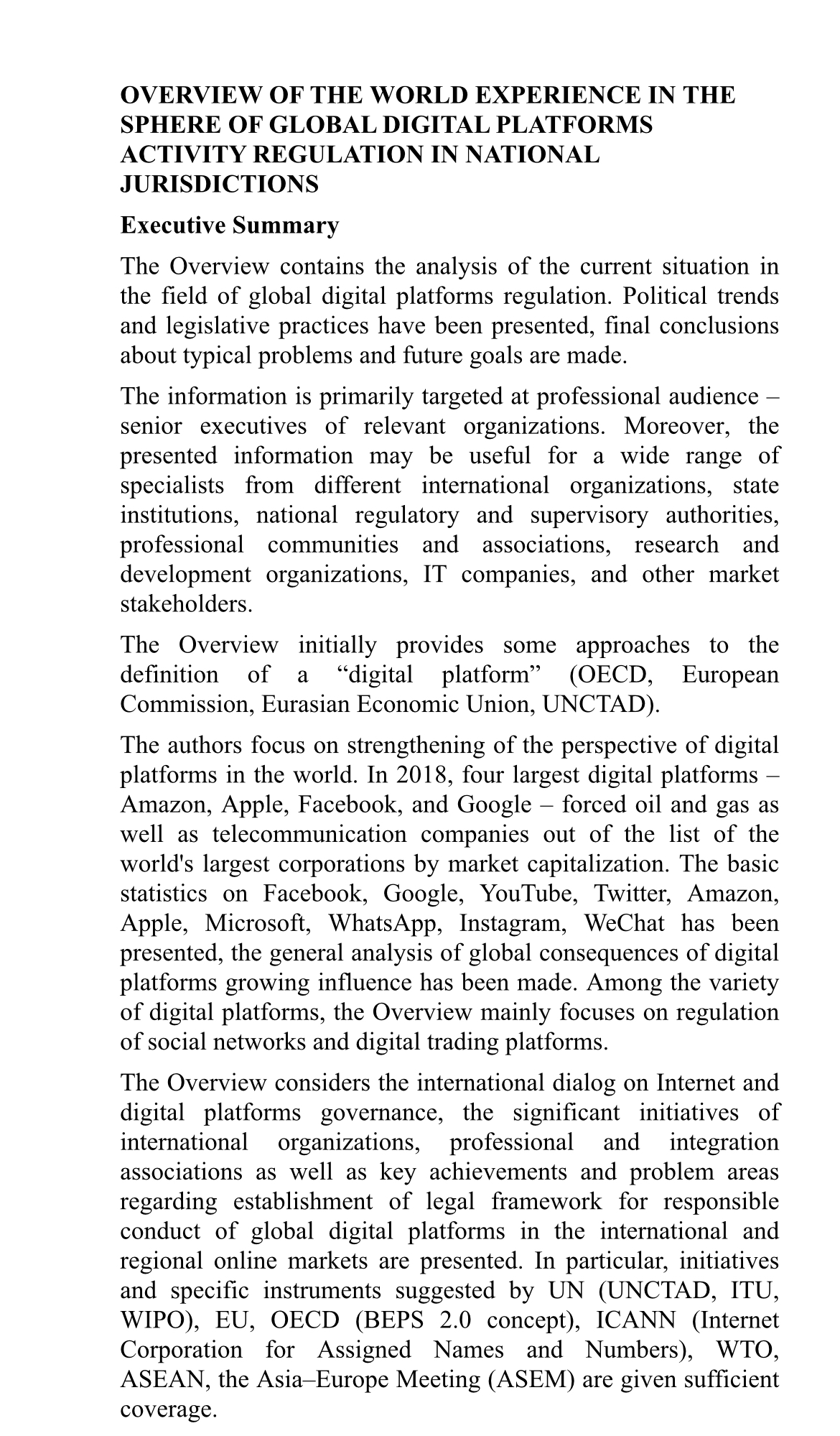 Overview оf the World Experience in the Sphere of Global Digital Platforms Activity Regulation in National Jurisdictions